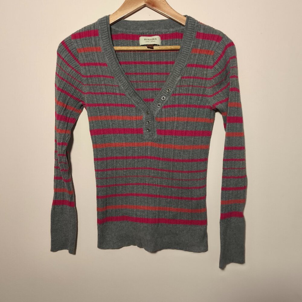 y2k Sonoma 100% Cotton Striped Ribbed Knit V-Neck Henley Sweater sz M Gray Pink